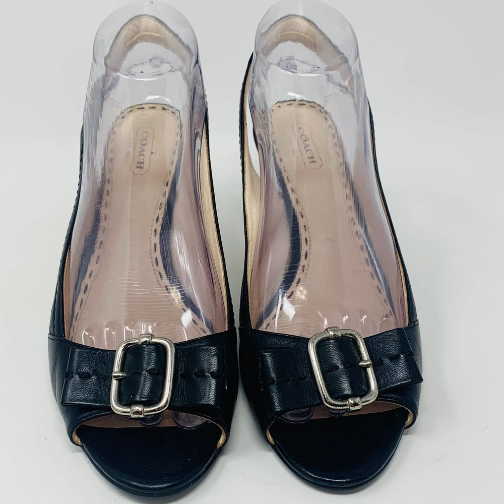 Coach Miranda Black Leather Open Toe Sling Back Buckle Sandals Heels Size 8.5 B - Picture 2 of 9
